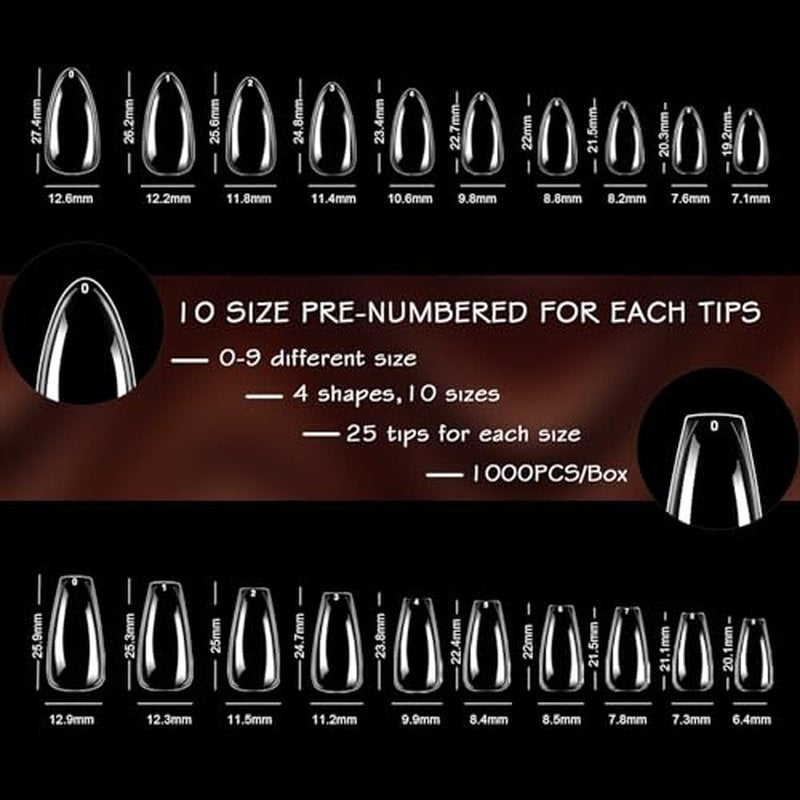 1000PCS Clear False Nail Tips - 4 Shapes, 10 Sizes for DIY & Salon