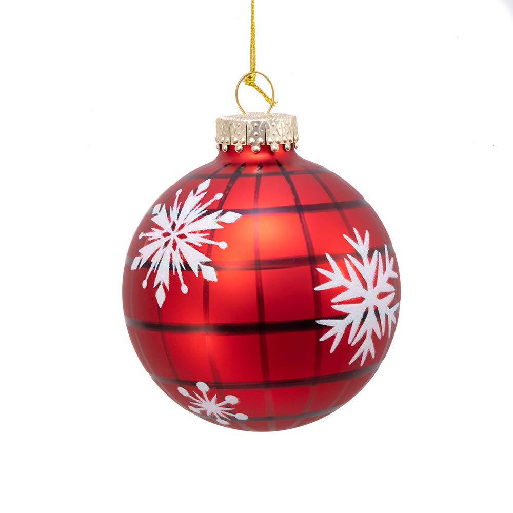 Kurt S. Adler Kurt Adler 80MM Plaid with Snowflakes Glass Ball, 6 Piece Box Ornament, red, Black, White, Christmas