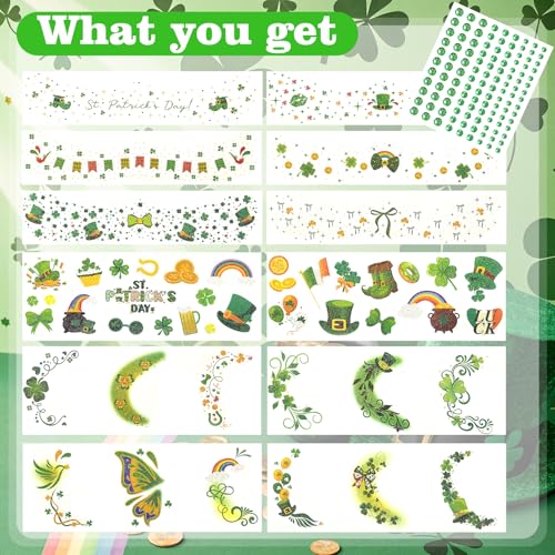 Green Leaves Freckles Temporary Glitter Tattoos for Women St Patrick's Day Glitter Shamrock Face Tattoo Stickers, Saint Patrick's Day Makeup St Patrick Day Accessories