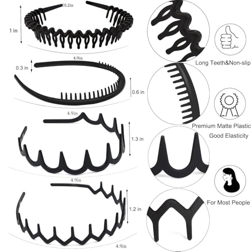 No-Slip Plastic Headbands with Teeth, 8 Pack Black