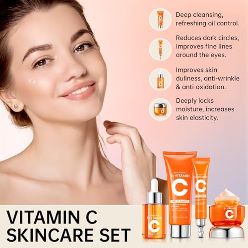 Vitamin C Skin Care Set - 4PCS Travel Skin Care Set With Facial Cleanser, Eye Cream, Serum & Face Cream - Korean Facial Skincare Set for Teen Girls and Women for Moisturizing, Anti-Aging, Anti-Wrinkle