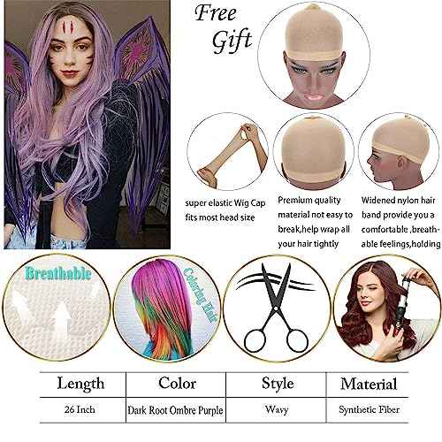 24" Ombre Purple Wigs Long Wavy Synthetic Lace Front Wigs for Women Dark Root to Violet Purple 2 Tones Middle Part Natural Looking Synthetic Heat Resistant Fiber Wig for Daily Party Use