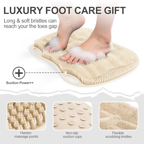 Foot Scrubber Mat Large Feet Scrubber Dead Skin for Shower Floor Wall Bathtub & Pumice Stone 2 Pack- Foot Spa Callus Remover Exfoliating Toes Deap Clean Brush Message Relax Suction Cups, Cream White