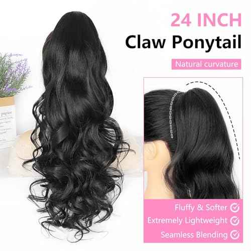 ALXNAN Ponytail Extension,24 Inch Claw Clip in Long Curly Wavy Black Ponytail Hair Extension Jaw Clip on Pony Tails Hairpiece for Women