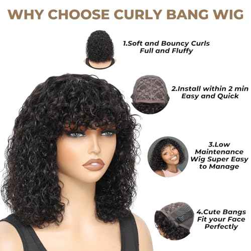 FREESHOW Short Curly Human Hair Wigs Curly Wig With Bangs Human Hair Glueless Curly Bob Wig Human Hair Short Wigs for Black Women 250% Density 12Inch Natural Black