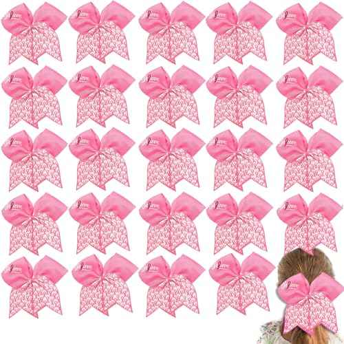 24PCS 7" Large Breast Cancer Awareness Cheer Hair Bows, Glitter Pink Ribbon Bow Ponytail Holder for Cheerleader Girls Cheerleading Hair Accessories Elastic Hair Band for Kids Women (White Pink)