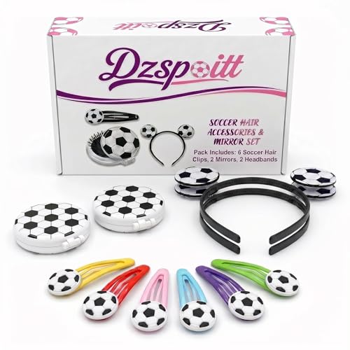 Soccer Hair Accessories Kit for Girls with Gift Box - 10 Pieces Including Headbands, Clips & Mirror