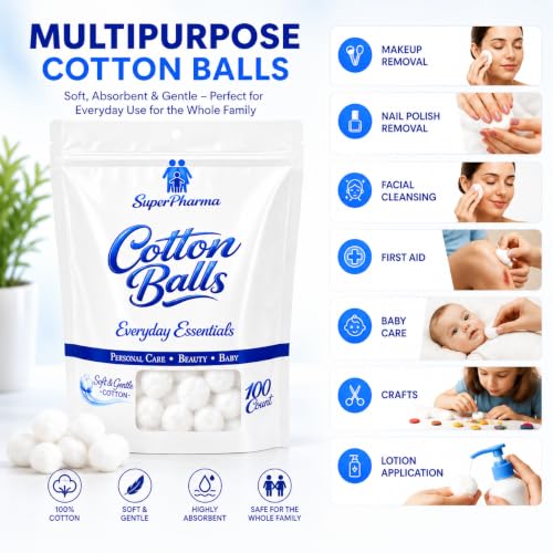 Premium Cotton Balls 400 Count (4 Pack) - Soft & Absorbent for Skincare