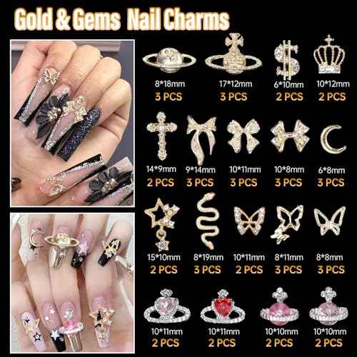 105 Pcs Silver+Gold Nail Gems Charms, Planet Crown Dollar Nail Gems Snake Star Bow Nail Charms 3D Cross Nail Art Jewelry Charms + Gold Dollar Charms for Nail Art DIY Jewel Accessories