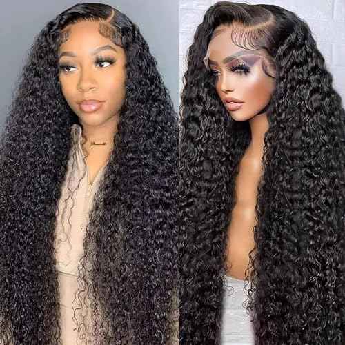 30 Inch Deep Wave Lace Front Wigs Human Hair 200% Density 13x6 HD Transparent Lace Front Wigs Human Hair Pre Plucked Bleached Knots Deep Curly Lace Frontal Wigs Glueless Wigs Human Hair