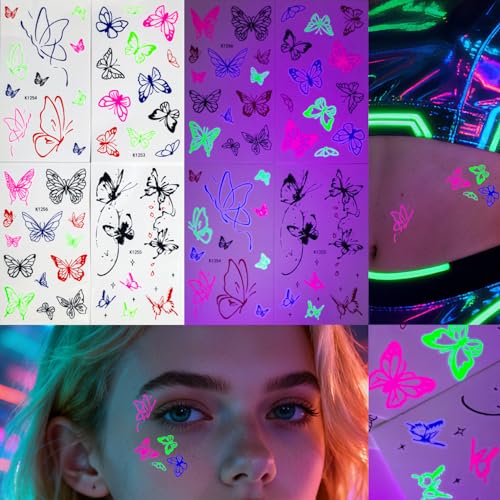 UV Neon Temporary Tattoos - 12 Sheets Glow in Dark