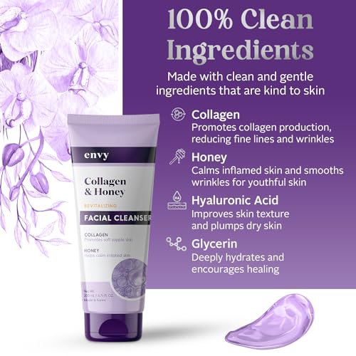 Envy Facial Cleanser with Collagen & Honey - Reduces Fine Lines, Wrinkles & Hydrating - Clean, Cruelty-Free Korean Skin Care for All Skin Types - Dermatologist Tested - 6.76 oz