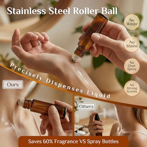 PrettyCare 4 Pack 10ml Amber Glass Oil Roller Bottles