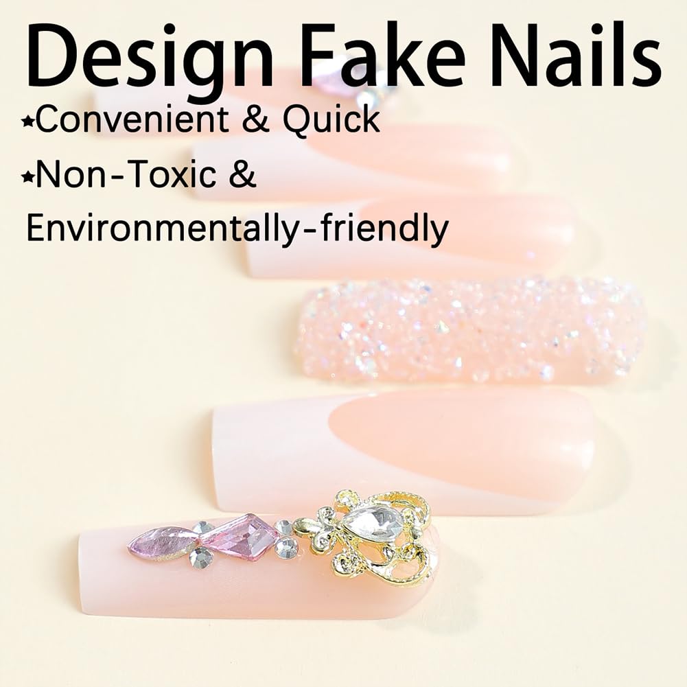 Long Press on Nails White French Tip Long Fake Nails Coffin Press on Nails Square False Nails with Glitter Diamond Charm Design Acrylic Nails Press on Artificial Nails Stick on Nails For Women-24Pcs