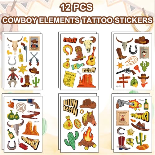 Hying 12 Sheets Cowboy Temporary Tattoos Waterproof Western Party Stickers