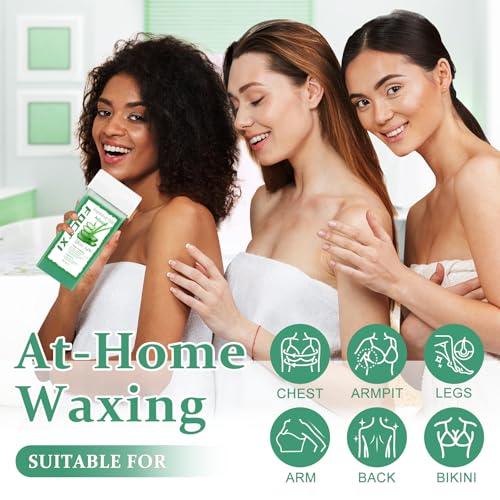 Roll on Wax Cartridge, 4 Hair Removal Aloe Vera £×ax Cartridge with 10 Pack Cleaning Oil Wipes, Depilatory Wax Roller Refill for Women Sensitive Skin