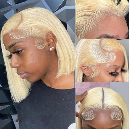 Straight 613 Bob Wig Human Hair 180% Density 13x4 HD Transparent Lace Front Wig Blonde Bob Wig Human hair Pre Plucked Glueless Wigs with Baby Hair 10 Inch Short Lace Frontal Bob Wigs for Women