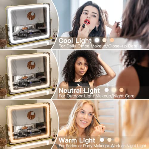 FENNIO Gold Vanity Mirror with Lights 22"x19" LED Makeup