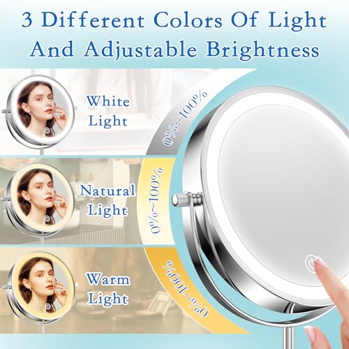 Vanity Mirror with Lights 7" Rechargeable 1x/10x Lighted Makeup Mirror Adjustable Height Double Sided Mirror with Lights 360¡ÆRotating Makeup Mirror