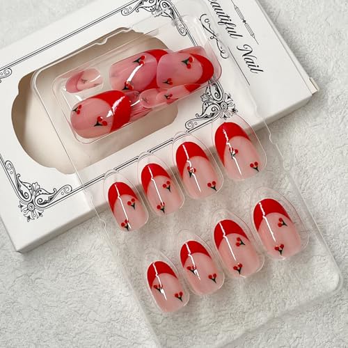 ROFIBUT Red French Tip Press-On Nails - Short Almond Full Cover