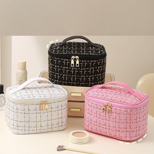 Tweed Cosmetic Travel Bag Large Capacity Makeup Case White