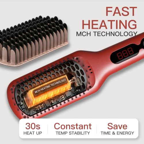 MEGAWISE Red Ceramic Ionic Hair Straightener Brush Dual Voltage with LCD Temp Control