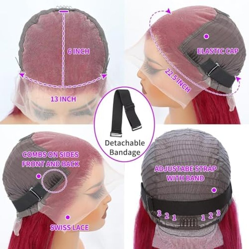 18in 99J Burgundy Lace Front Wig 200% Density 13x6 HD