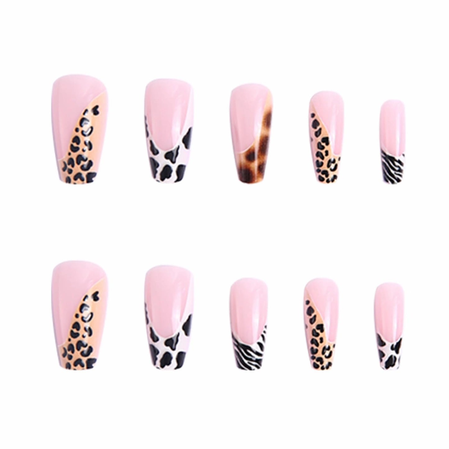 MERVF Long Coffin Press on Nails French Tip Fake Nails Animal Print Glue on Nails Press ons Cow Print Ballerina Acrylic Nails with Leopard Design Glossy 24pcs