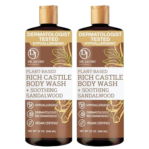 Dr. Jacobs Naturals Pure Castile Soap Liquid Body Wash, Sandalwood - Plant Based Soap Infused with Vitamin E and Aloe Vera to Moisturize Dry and Sensitive Skin - Made in the USA - 32 oz, Pack of 2