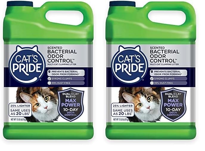 Cat's Pride Max Power: Bacterial Odor Control - Up to 10 Days of Powerful Odor Control - Strong Clumping - 99% Dust Free - Multi-Cat Litter, Scented, 15 Pounds (Pack of 2)