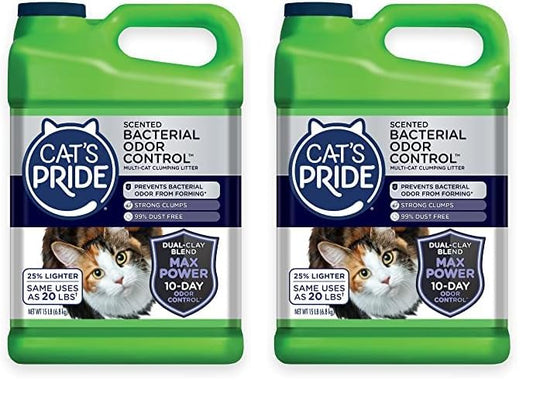 Cat's Pride Max Power: Bacterial Odor Control - Up to 10 Days of Powerful Odor Control - Strong Clumping - 99% Dust Free - Multi-Cat Litter, Scented, 15 Pounds (Pack of 2)