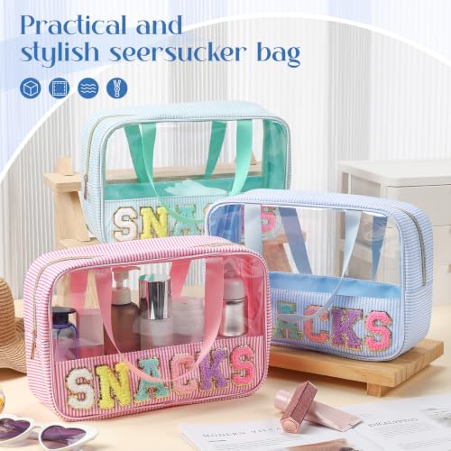 Seersucker Makeup Bag with Chenille Letters, 3-Pack Travel Organizer