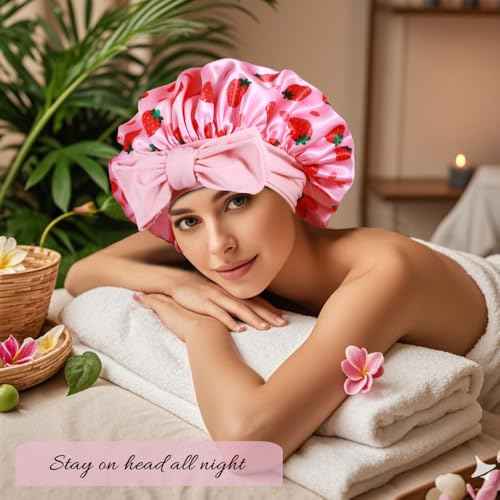 1+3 Large Satin Bonnets with Scrunchies for Women, Double Layer Hair Bonnet Tie Bonnet for Sleeping Braids Curly Hair