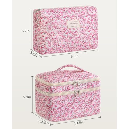 HBselect 2Pcs Travel Makeup Bag, Large Cotton Quilted Makeup Bag Cosmetic Bag Cute Make up Bag Toiletry Bags for Women Girls