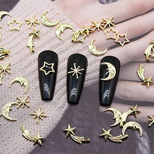 WOKOTO 40pcs Gold Stars Moons Nail Charms for Nail Art 3D Jewelrys Polestar Meteor Moons Nail Gems and Charms 3D Nail Decorations Nail Jewels Metal Alloy Nail Art Charms for Acrylic Nails Designer