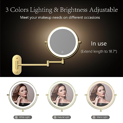 Rechargeable Wall Mounted Lighted Makeup Vanity Mirror 8 Inch Double Sided 1X 10X Magnifying Bathroom Mirror, 3 Color Lighting, Touch Screen Dimming, 360 Rotation Shaving Mirror