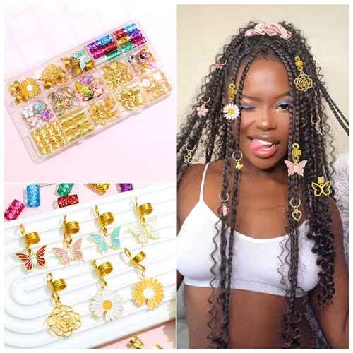 NAISKA 146PCS Gold Hair Jewelry with Butterfly Flower Charms, Metal Alloy Hair Coils, Rings, Cuffs and Decorations for Locs, Dreadlocks and Braids - Handmade Accessories for Women and Girls