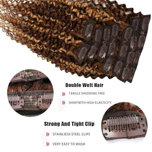 22 Inch Highlight P4/27 Kinky Curly Clip Ins Human Hair 110g 8pcs 20 Clips 3C 4A Curly Clip In Hair Extensions Real Human Hair Brazilian Virgin Hair Full Head for Women P4/27 Color