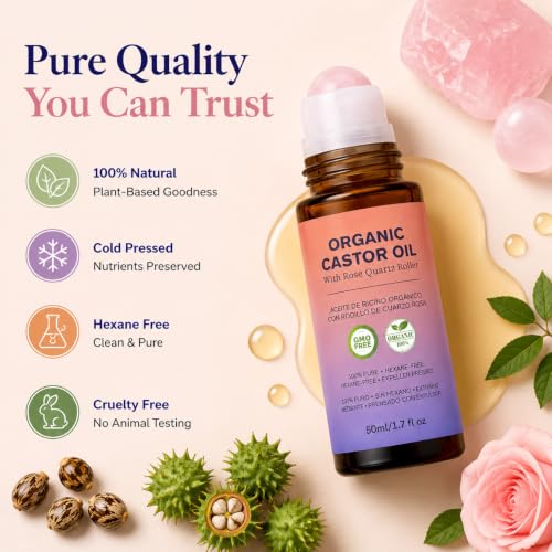 Organic Castor Oil Roll-On with Rose Quartz Roller, 1.7 fl oz