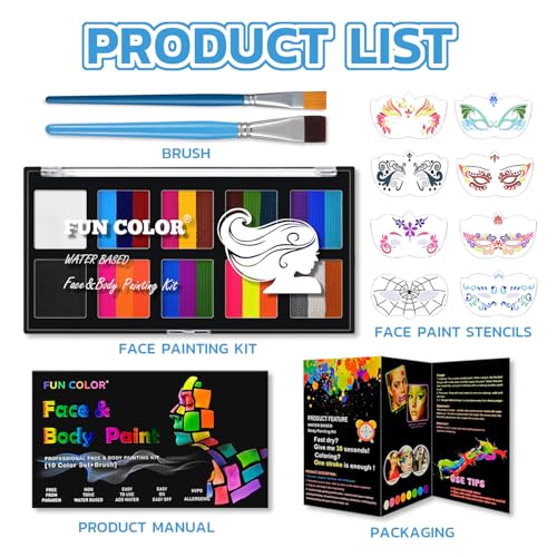 10 Color Rainbow Face Paint Kit with Stencils & Brushes