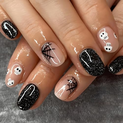 Black Press on Nails Short Almond Fake Nails, Halloween Press on Nails Skull with Designs Halloween Glue on Nails Full Cover False Nails Halloween Nails for Women 24Pcs