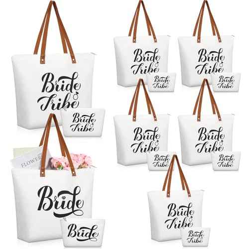 Hillban 14 Pcs Bridesmaid Canvas Bride Tote Bag and Makeup Bag Large Wedding Bachelorette Gifts Bridal Shower Gifts(Classic Style)