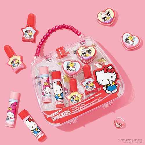 Lip Smacker Hello Kitty Nail Polish & Flavored Lip Balm Makeup Tote - Moisturizing Balms, Colorful Nail Polishes, Sanrio Accessory Ring, Stylish Tote Bag, Perfect Glam Gift for Hello Kitty Lovers