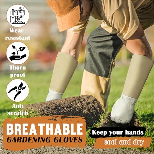 HANDLANDY Rose Gloves for Men & Women, Long Leather Gardening Gloves Thorn Proof, Best Garden Gifts & Tools for Gardener (Yellow-beige, Large (Pack of 1))