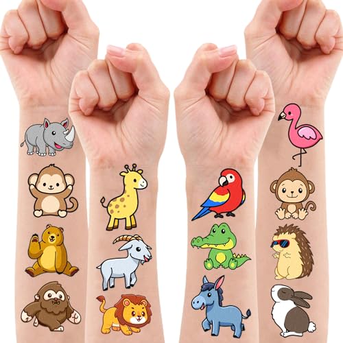 Zoo Pre-cut Temporary Tattoos (8 Sheets 96PCS) Jungles Party Decorations Supplies Favors Safari Animals Theme Birthday Cute Stickers Christmas Gifts for Boys Girls Class School Prizes Carnival