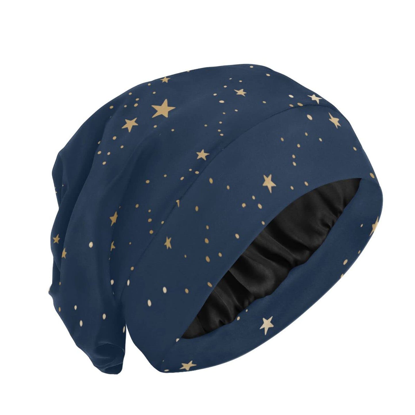 ElliTarr Satin Bonnet Lined Sleep Cap Hair Wrap Cover Slouchy Beanie for Curly Hair Protection for Gifts for Men Women Dark Blue Stars