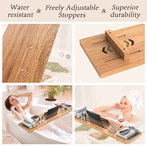 Bathtub Tray for Freestanding Bath, Solid Pine Wood Bath Tray for Tub, Bath Caddy for Home Spa, Adjustable Bathtub Trays for Tub, with Bathtub Accessories Holders, Patent Design, 35x9