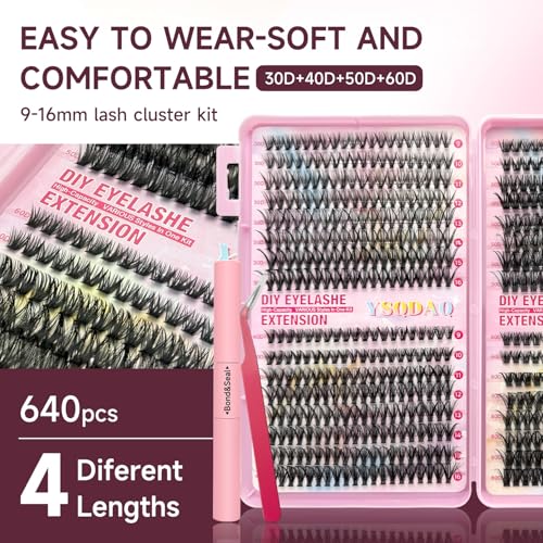 Lash Clusters Kit, 640 Pcs, 9-16mm D Curl with Bond & Seal