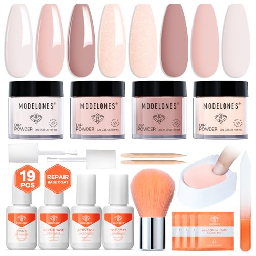 Modelones Dip Powder Nail Starter Kit, 4 Nude Colors 19 Pcs Manicure Set