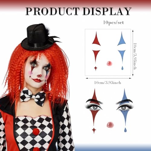 Halloween Face Tattoo Stickers - Clown Makeup, 15 Sheets